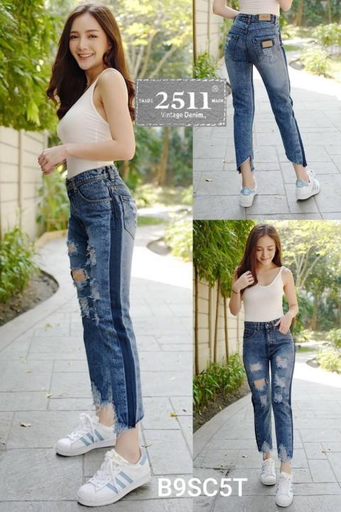 2511-vintage-denim-jeans-by-araya-กางเกงยีนส์-ผญ-กางเกงยีนส์เอวสูง-ยีนส์ทรงบอยสลิม-ช่วงขาเล็ก-แต่งขาดแนวเซอร์แบบเท่ๆสวยจริงๆ-ผ้าไม่ยืด-ทรงสวยมาก