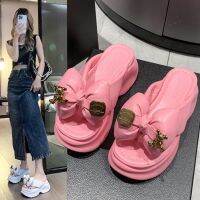 Flip Flops Womens Outdoor 2023 New French Style High Heel Platform Summer Sandals Bow Flip-Flops Platform Sandals