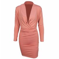 สตรีแขนยาวลึก V คอ Bodycon Midi ยาวชุดเข่าความยาวสีทึบสำหรับ Cross Wrap Empire เอวค็อกเทล Club