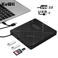 Kuwfi เครื่องเล่นดีวีดีดีวีดี USB3.0 + Type-C,เครื่องเขียนดีวีดีเครื่องเขียนภายนอก RW CD ไดรฟ์ออปติคัลเครื่องเล่น CD/DVD ที่การ์ดรีดเดอร์ SD สำหรับ Mac แล็ปท็อปวินโดว์ PC