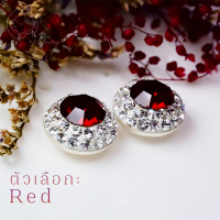 S925 ต่างหูเพชรกลม เงินแท้ ET99 CZ Diamond Sterling Silver Stud Earrings Red 10 mm