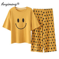 New Short Sleeve Capris Homesuit Homeclothes New Soft Printing Crew Neck Pajamas Set 100 Cotton Woman Pijamas Set for Summer