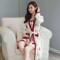 ；【‘；- Autumn Winter Coral Fleece Robe Set Bow Spaghetti Strap Nightdress Bathrobe 2Pcs Home Clothes  Flannel Nightgown Nightwear