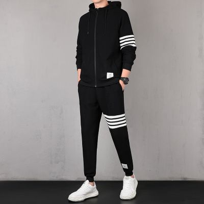 Men Sets Tracksuit Hoodie+Pants Zipper Stripe Fashion Casual Outdoor Sports Jogging Fitness Sportswear Men Sweatshirt Suit M-6XL