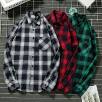 ins plaid shirt mens long-sleeved shirt jacket loose mens inch clothing Korean style trendy literary student casual 【SSY】