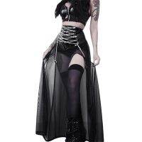 Hot Selling Women Fashion Gothic Long Skirt Mesh See-Through Cross Chain Strappy Skirt Summer Dark Style Side High Slit Skirt