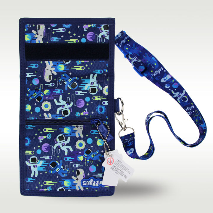 austria-smiggle-กระเป๋าตังค์สำหรับเด็กของแท้3กระเป๋าสตางค์หนังสีน้ำเงินเข้ม-สายคล้องผู้ชายกระเป๋าใส่หรียญน่ารักอวกาศเคสใส่การ์ด5นิ้ว