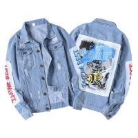 CODLiang Te New denim mens spring and autumn print denim jacket mens tide Europe and the United States fashion hole denim jacket