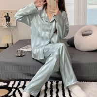 【jw】☑✎  Womens Sets Silk Pyjama Pijama Mujer Pjs Striped Sleepwear Short Sleeve Pants 2 Piece Loungewear Homewear