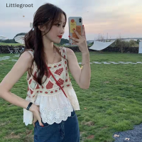 Littlegroot [2023 new HOT FASHION] เสื้อกล้ามผู้หญิงแขนกุดวินเทจปักลายฉลุฤดูร้อน