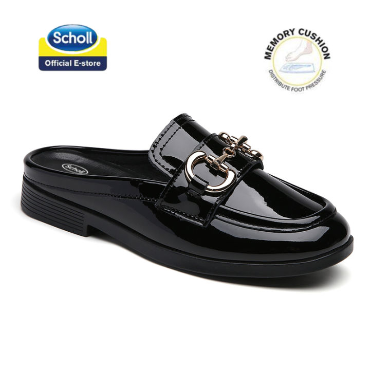 scholl-รองเท้าสกอลล์-เมล่า-mela-semi-slipper-รองเท้ากึ่งรองเท้าแตะ-womens-รองเท้าหนังมันเงามีสิทธิบัตร-mamiko-allison-รองเท้าสุขภาพ-นุ่มสบาย-กระจายน้ำหนัก-ผู้หญิง-มอคคาซิน-black