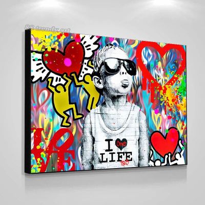 ภาพวาดผ้าใบกราฟฟิตี Banksy-เด็กน้อยสวมแว่นกันแดดด้วยการออกแบบศิลปะ LOVE Street-ศิลปะบนผนังที่สมบูรณ์แบบสำหรับการตกแต่งห้องที่บ้าน