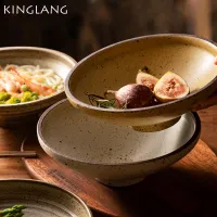 KINGLANG ชามชามก๋วยเตี๋ยวบนโต๊ะอาหารสำหรับร้านอาหารสไตล์วินเทจชามสีทึบย้อนยุคด้านชามซุปเซรามิคสร้างสรรค์