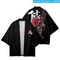 ฤดูร้อนญี่ปุ่นหลวม Harajuku ดอกไม้นักรบพิมพ์สีดำสีขาว Kimono Cardigan Cropped กางเกงผู้หญิงผู้ชายคอสเพลย์ Yukata