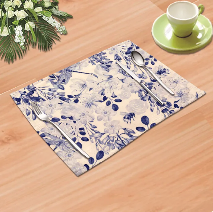 [Placemat] Blue and White Porcelain Art Creation Flower Design Nonslip
