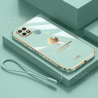 เคส A15s A15 OPPO + สายคล้องหรูหราเคสใบเมเปิลกันชนสี่เหลี่ยมชุบ6D นิ่มสำหรับคู่รักเด็กผู้หญิง