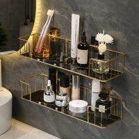 Luxury Bathroom Shelf without drilling Iron Wall Shelf with Marble style Glass Plate Makeup Storage Rack Bathroom Accessories Cups  Mugs Saucers