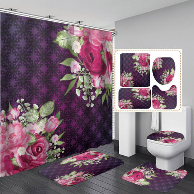 Flower Shower Curtain Mat Set with Carpet Bath Screen for Home Ho Bathtub Partition Mold Proof Curtains Firanki Vorhang Tende