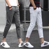 CODwuyan8340 Ankle Length Men Casual Pants Chinos Stretchable Cotton Seluar Slacks Trousers Sales Grey Black White Blue