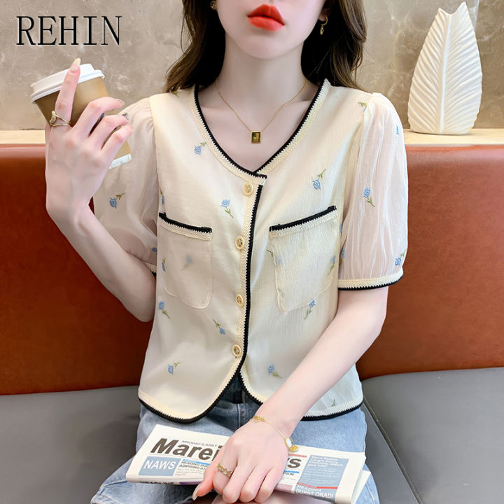 rehin-เสื้อปักดอกไม้พังสดใสขนาดเล็กคอวีของผู้หญิง-เสื้อปักลายเก๋ๆเสื้อแขนสั้น2023ฤดูร้อนใหม่