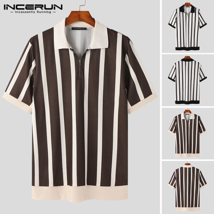 incerun-เสื้อบุรุษลายทางสไตล์ฮิปฮอปเสื้อเชิ้ตทางการซิปเสื้อเชิ้ตแขนสั้น-henley-tops-สไตล์เกาหลี