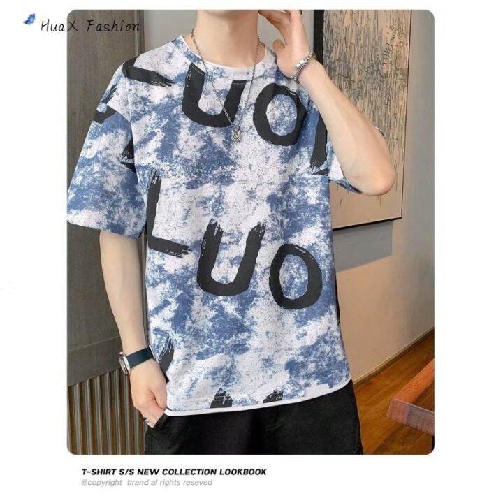 huax-เสื้อเชิ้ตแขนสั้นผ้าไอซ์ซิลค์สำหรับผู้ชาย-เสื้อรอบคอหลวมสวมหัว