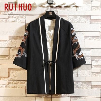 ✅ชุดกิโมโนผ้าลินินปักลายมังกร RUIHUO 2023สำหรับผู้ชายเสื้อผ้าแฟชั่น Kemeja Lengan Pendek เสื้อคาร์ดิแกน Kimono สไตล์ฮาราจูกุสำหรับฤดูร้อนสินค้าตามสั่ง5XL
