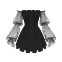 ZZOOI Gothic Sexy Dress Vintage Off Shoulder Lanter Sleeve Mesh Patchwork Velvet Mini Dress Dark Street Grunge Black Dress For Female