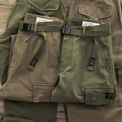 อเมริกัน Retro Multi-Pocket กางเกงทหาร,Ami สีกากีหลวมขากว้างตรง Overalls ผู้ชาย