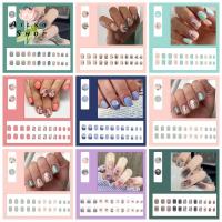 AILSA 24Pcs/set เคล็ดลับการทำเล็บแบบเต็มรูปแบบ เล็บปลอมรูปดอกไม้ อุปกรณ์ทำเล็บ วัสดุตกแต่งเล็บ เล็บปลอมใบไม้สั้น ถอดออกได้ รูปทรงสั้นๆ ร้านทำเล็บ