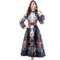 Womens Dress Fashion   Time Shoot Bright Silk Yarn Spliced Lantern Long Sleeve Waistband Positioning Printing Big Swing Ponchy Dress