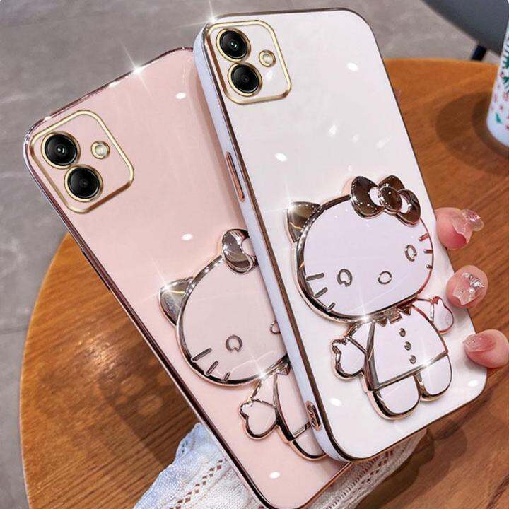 folding-makeup-mirror-phone-case-for-samsung-galaxy-a03-a04-a04e-case-fashion-cartoon-cute-cat-multifunctional-bracket-plating-tpu-soft-cover-casing