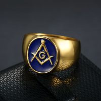 เครื่องประดับไทเทเนียมเหล็กฮิปฮอปฮิปฮอปกาวสีฟ้าชุบทองแหวนผู้ชาย Masonic AG