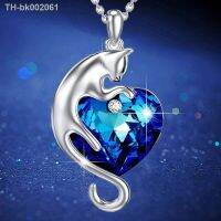 ◈❈ Korean Fashion Cat Silver Plate Animal Pendant Necklace for Women Heart Bule Crystal Kitten Cat Jewelry Birthday Gifts for Women