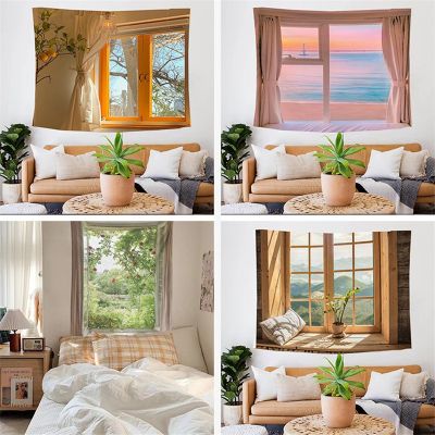Window Landscape Wall Hanging Decor Tapestry Green Nature Sea Printed Boho Art Large Beach Towel Curtain Tapestry Aesthetic
