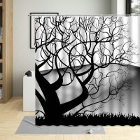 Black White Tree Art Decor Bathroom Curtains Branch Leaves Trunk Pattern Waterproof Polyester Fabric Shower Curtain With 12 Hook