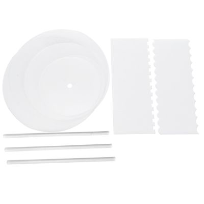 Acrylic Round Cake Disk Set - Cake Discs Circle Base Boards with Center Hole - 2 Comb Scrapers (4 Patterns) &amp; Dowel Rod