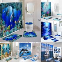 【CW】❆  Shower Curtain Set with 12 Hooks Polyester Washable Non-Slip Rugs Toilet Cover