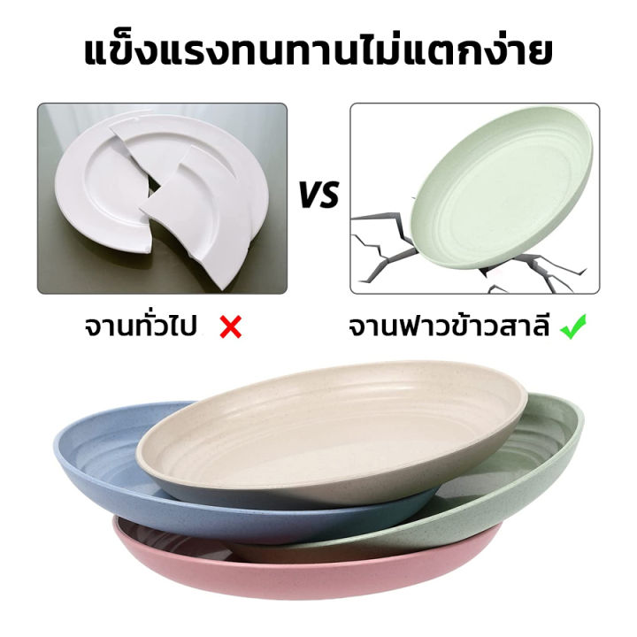 จานกลมฟางข้าวสาลี-จานพลาสติก-จานกลม-จานใส่อาหาร-จานข้าว-ชุด-4-ชิ้นจาน-ขนาด-23ซม-25ซม-round-plate-แข็งแรง-ไม่หักง่าย-เข้าไมโครเวฟได้-bleenhouse