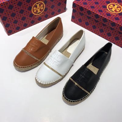 2023 new Tory Burch&nbsp; &nbsp;Logo Embroidery Metal Chain Decorated Soft Sheepskin Straw Flats Fishermans Shoes