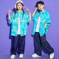 เด็ก Kpop Hip Hop เสื้อผ้าสีฟ้าพิมพ์เสื้อแขนสั้น Streetwear Denim กางเกงยีนส์ Baggy กางเกงสำหรับสาว Boy Dance เครื่องแต่งกายเสื้อผ้า...