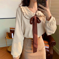 Deeptown Corduroy Kawaii Shirts Women Bow er Pan Collar Blouse for Teen Autumn 2021 Uniform Long Sleeve Button Up Clothes