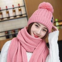 Female Fur PomPom hat Winter warm knitted hat scarf cute student thickened warm hat earmuffs hat women