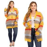 [COD] Factory direct winter hot large size colorful striped button V-neck sweater coat 1438