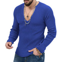 Pullover V-Neck Mens Sweater Solid Color Long Sleeve Autumn Slim-Fit Sweater Mens Casual Clothing