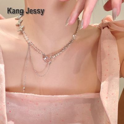 Kang Jessy จี้หัวใจสีชมพูสร้อยคอลูกปัดสำหรับผู้หญิงการออกแบบเฉพาะกลุ่มพู่โซ่กระดูกไหปลาร้าแบบเย็บสายฟ้าสร้อยคอหรูหราระดับไฮเอนด์