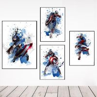 ✾卐 ภาพวาดผ้าใบซูเปอร์ฮีโร่กัปตันอเมริกาสีน้ำโปสเตอร์ Marvel Comics Avengers Wall Art ภาพเด็กตกแต่งบ้าน
