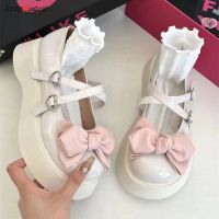 【LZ】¤☞  Lolita Lace branco bowknot sapatos femininos fivela de coração plataforma Mary Janes couro envernizado estilo japonês sapatos Jk Kawaii 2023