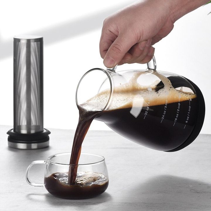 เครื่องทำแก้วกาแฟบอโรซิลิเกตชงเย็นขนาด960มล-กาต้มน้ำน้ำผลไม้ชาเย็นหม้อชงกาแฟเซิร์ฟเวอร์พร้อมตัวกรอง