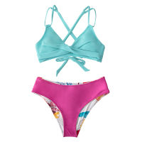 SEASELFIE Reversible Bottom Mid Waist Bikini Sets Women Sexy Light Aqua and Leafy Two Pieces Swimsuits New Bathing Suit